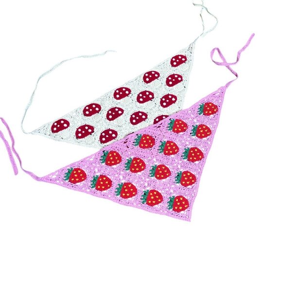 Colorful Crochet Bandanas Pink with Strawberries and White Mushrooms Set of 2 - Picture 1 of 4